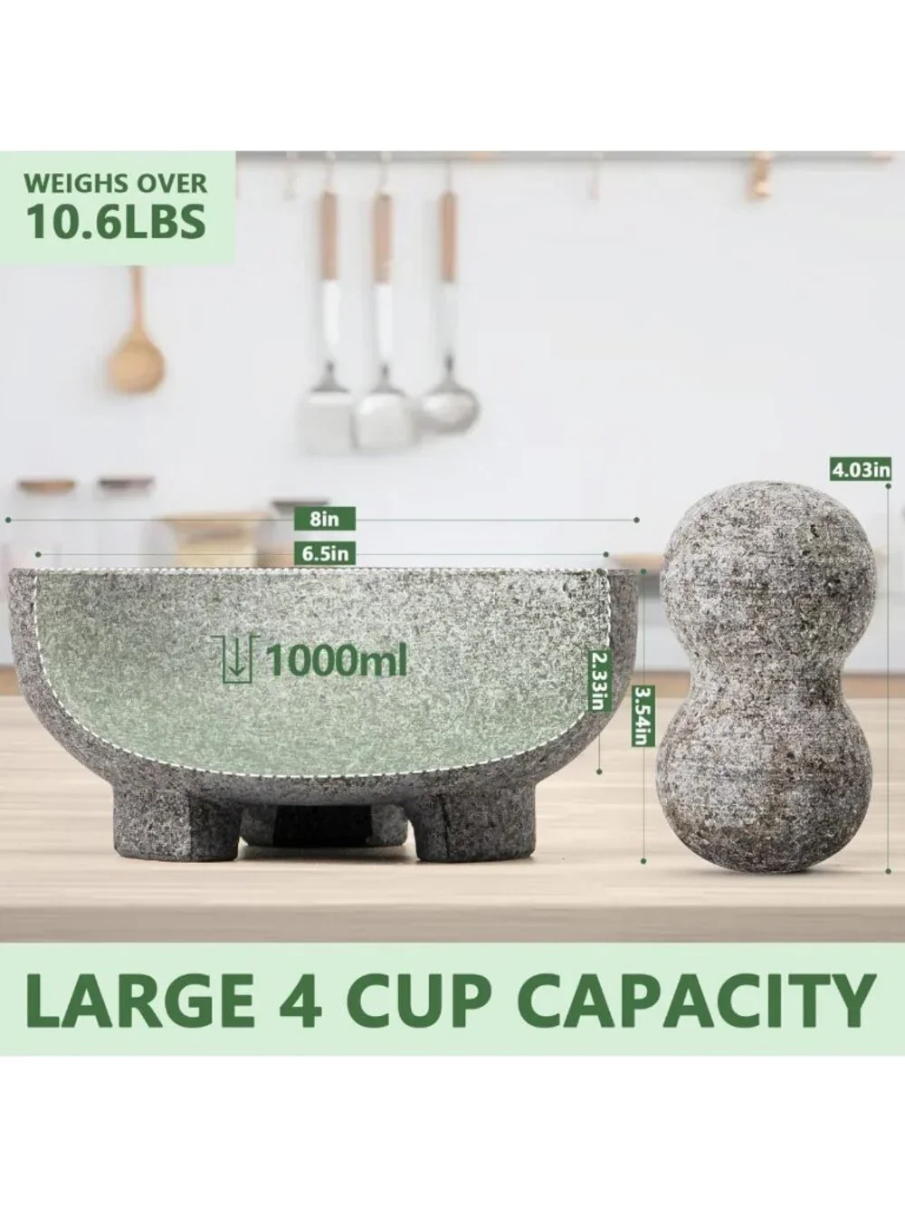 Large Granite Mortar and Pestle Set - 4 Cup Unpolished Stone Grinder for